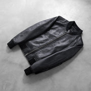 Rib Knit &amp; Hem Craftsmanship Construction Detail on Women's Bliss أسود جاكيت بومبر جلد نسائي