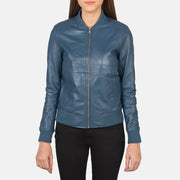 
تفاصيل مقربة of Varsity - Rib Knit & Zipper with Wind Flap Hardware on Bliss أزرق جاكيت بومبر جلد نسائي