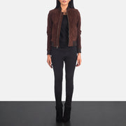 Women's Bliss بني Suede جاكيت بومبر جلد نسائي - Lateral Side Profile View Showing Sleeve Cut &amp; Athletic Taper Fit