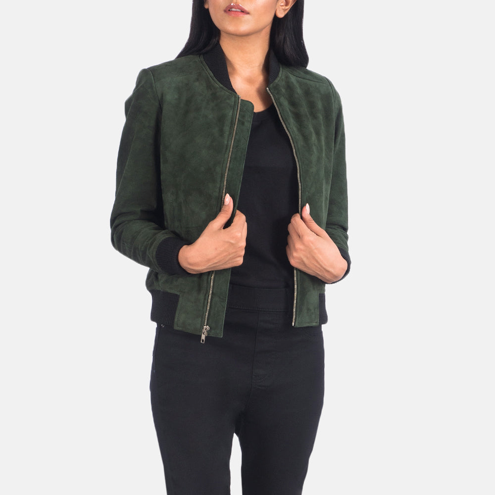 Women's Bliss أخضر Suede جاكيت بومبر جلد نسائي in Green Goatskin Suede - Front Profile View &amp; Tailored Silhouette | Buy Online