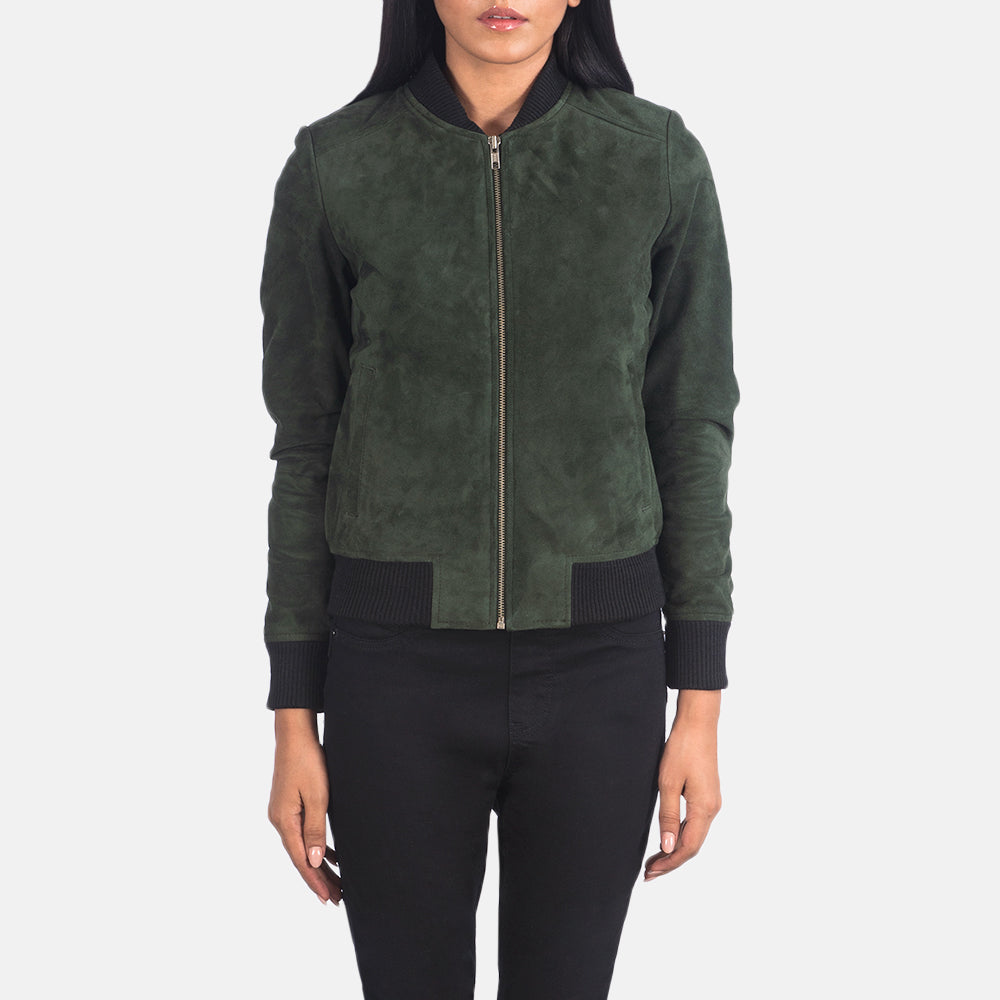 Close-Up Detail of Varsity - Rib Knit &amp; Zipper with Wind Flap Hardware on Women's Bliss أخضر Suede جاكيت بومبر جلد نسائي