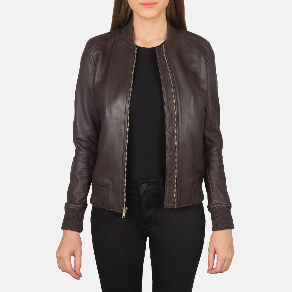 Women's Bliss عنابي جاكيت بومبر جلد نسائي in Maroon Sheepskin Leather - Front Profile View &amp; Tailored Silhouette | Buy Online