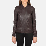 Close-Up Detail of Varsity - Rib Knit &amp; Zipper with Wind Flap Hardware on Women's Bliss عنابي جاكيت بومبر جلد نسائي
