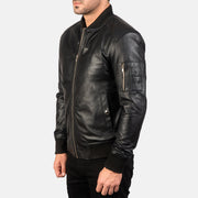 Black Sheepskin Leather Bomber Jacket - Back View Showing Tailored Shoulder Fit &amp; Clean Hemline