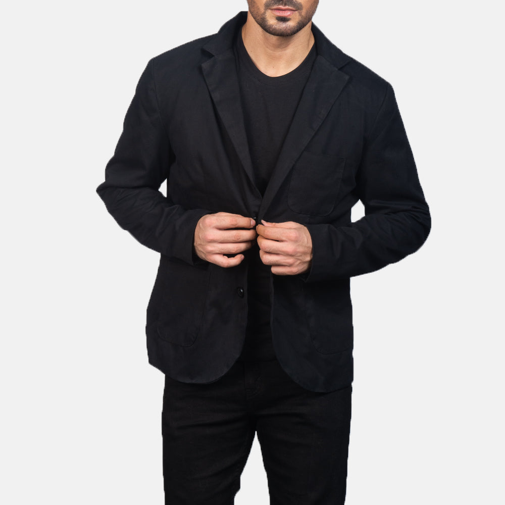 Borges أسود بليزر جلد رجالي in Black Poly-Cotton - Front Profile View &amp; Tailored Silhouette | Buy Online