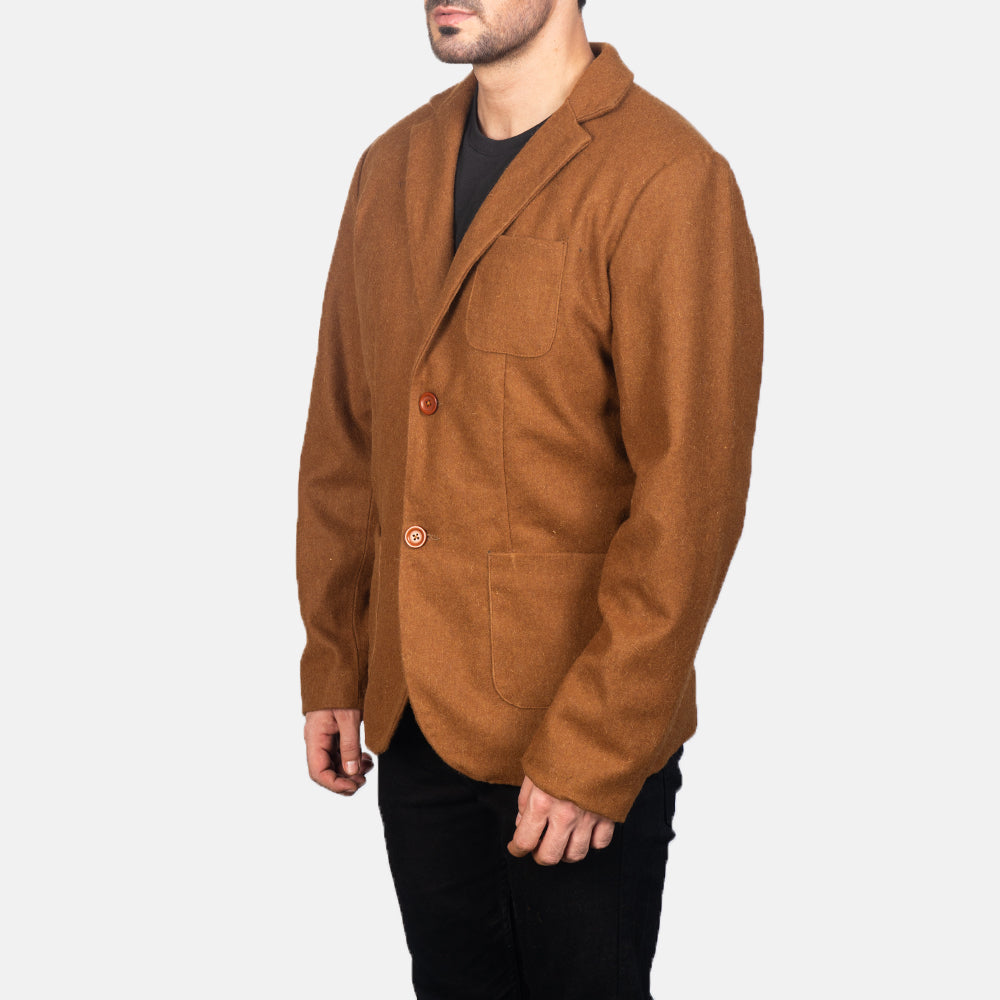 
Khaki Synthetic Wool Leather Blazer - عرض خلفي يوضح تفصيل الأكتاف المتقن والحاشية النظيفة