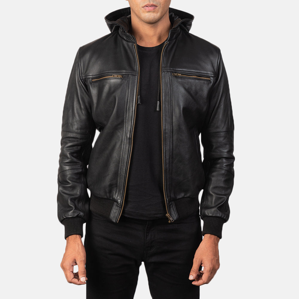 
Bouncer Biz Black Leather Hooded Bomber Jacket in Black Cowhide Leather - عرض أمامي وقَصّة مفصلة أنيقة | شراء أونلاين عبر المتجر الرسمي