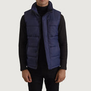 Bryan أزرق Puffer Vest رجالي in Blue Full-Grain Leather - Front Profile View &amp; Tailored Silhouette | Buy Online