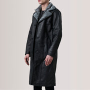 
Cai Distressed أسود Leather Shearling معطف جلد فاخر رجالي For Men - عرض جانبي يوضح قَصّة الأكمام المريحة