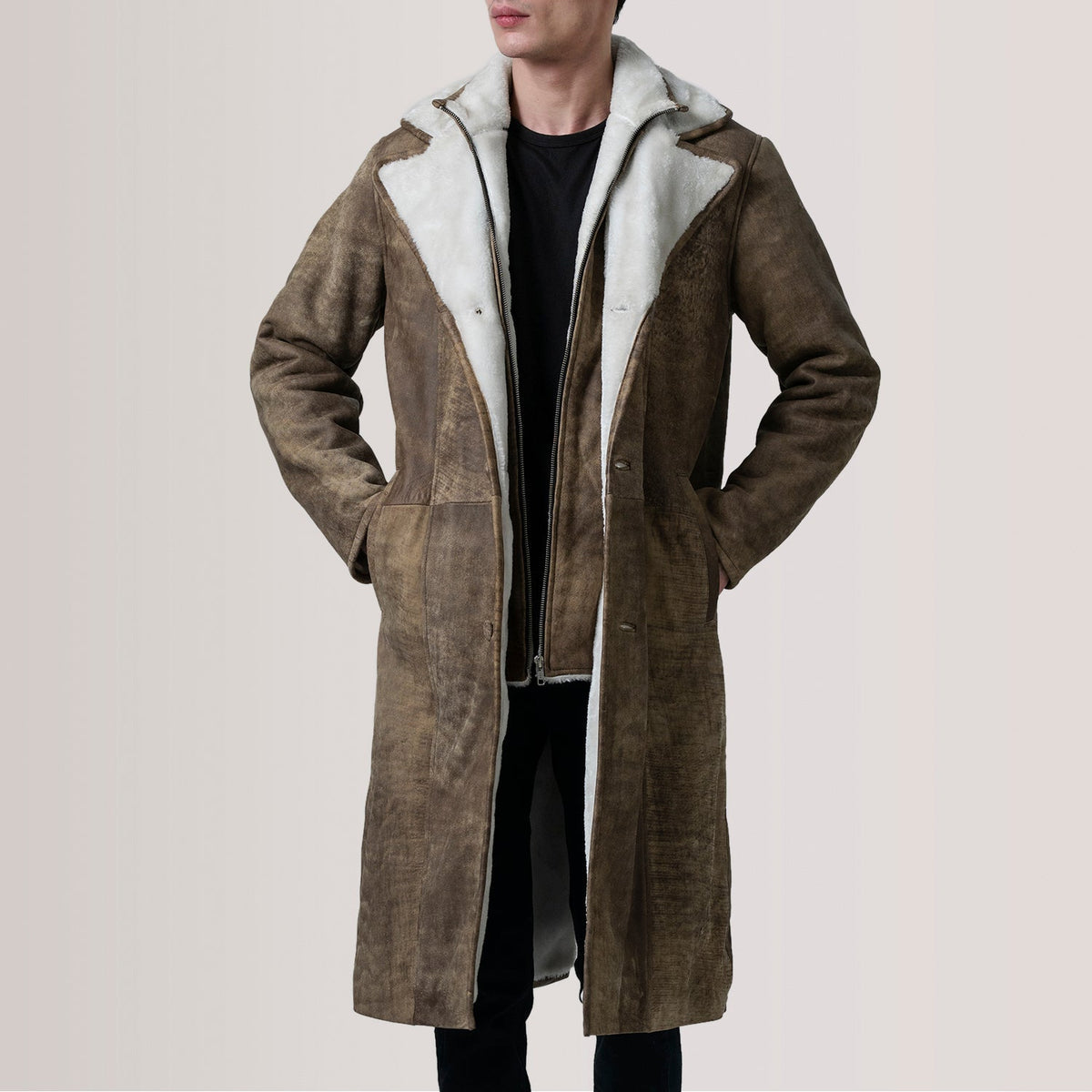 Cai Distressed Brown Leather Shearling Coat For Men in Distressed Brown Sheepskin Snuffed - عرض أمامي وقَصّة مفصلة أنيقة | شراء أونلاين عبر المتجر الرسمي