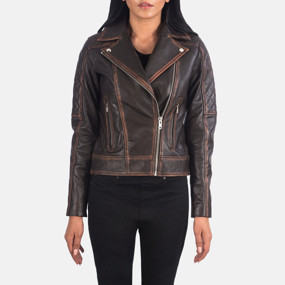 
Carolyn Quilted Vintage Brown Biker Jacket in Vintage Brown Goatskin Leather - عرض أمامي وقَصّة مفصلة أنيقة | شراء أونلاين عبر المتجر الرسمي