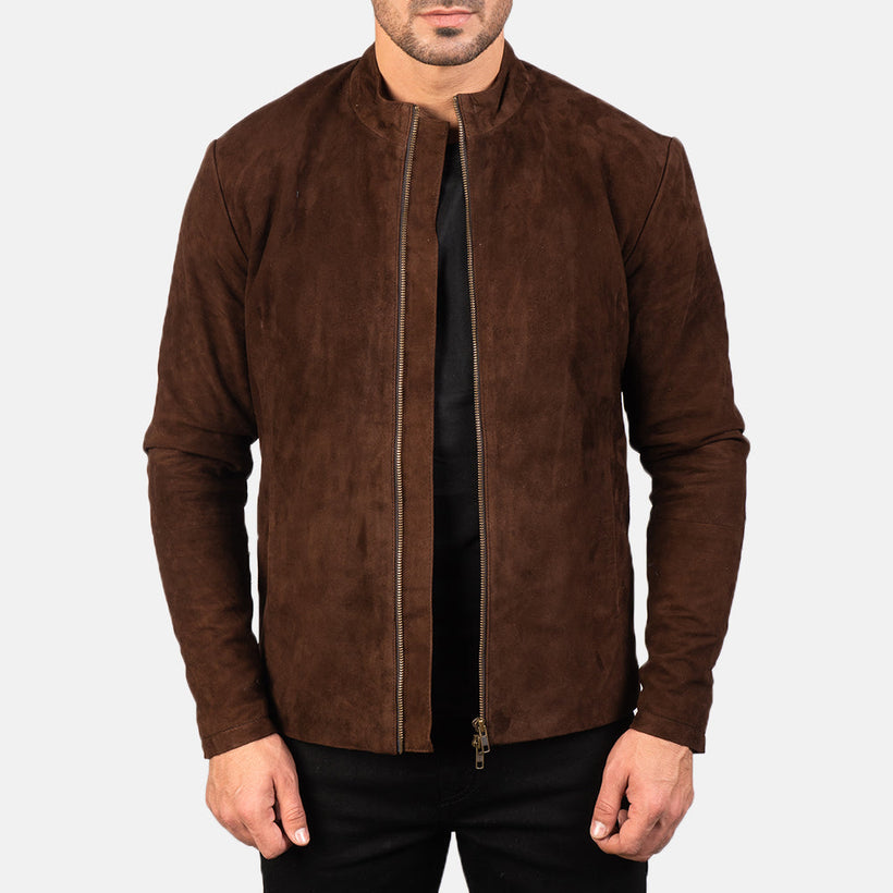 Charcoal Mocha Suede جاكيت بايكر جلد رجالي