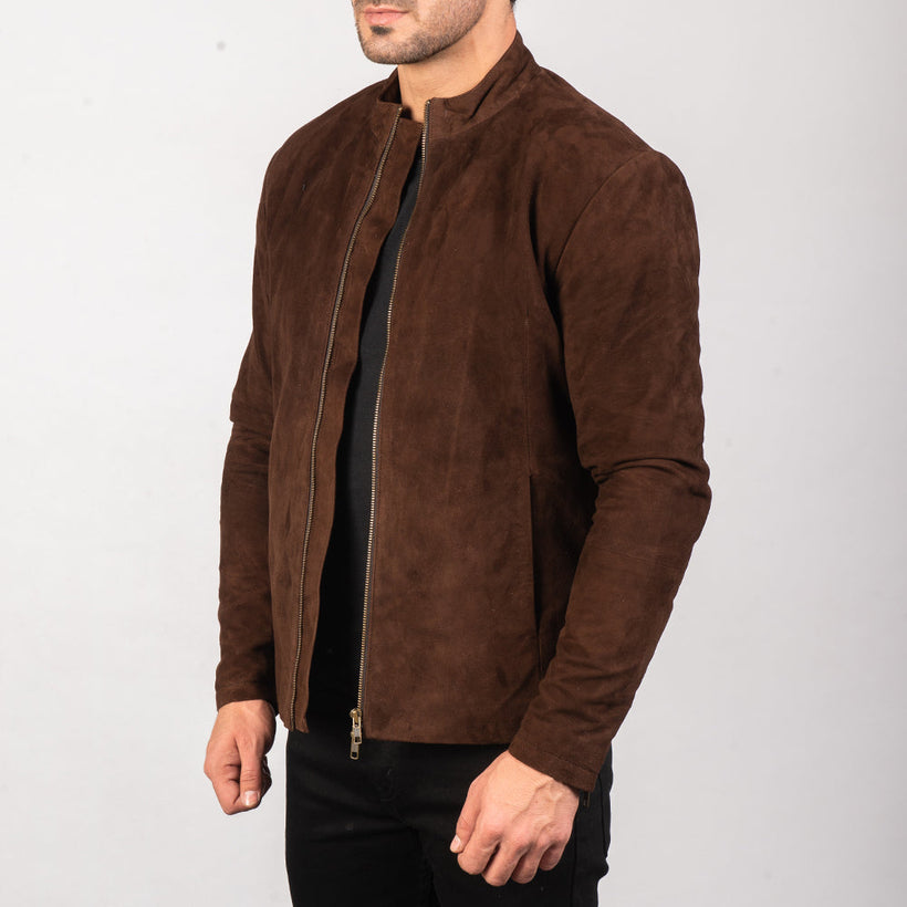 Charcoal Mocha Suede جاكيت بايكر جلد رجالي