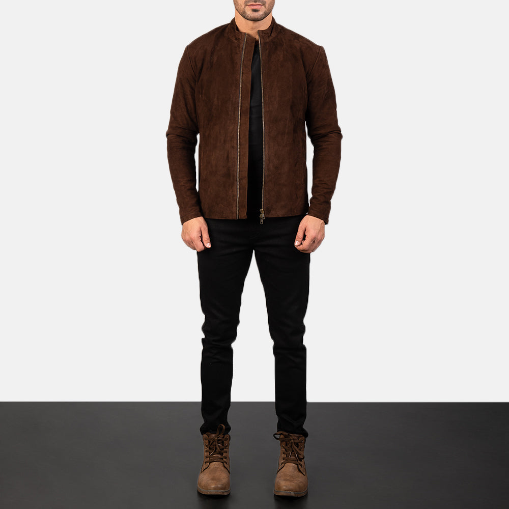 
Charcoal Mocha Suede جاكيت بايكر جلد طبيعي رجالي - عرض جانبي يوضح قَصّة الأكمام المريحة