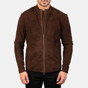 
تفاصيل مقربة of Mandarin & Zipper with Dual Puller Hardware on Charcoal Mocha Suede جاكيت بايكر جلد طبيعي رجالي