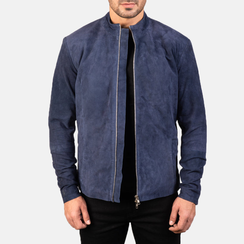 Charcoal Navy أزرق Suede جاكيت بايكر جلد رجالي