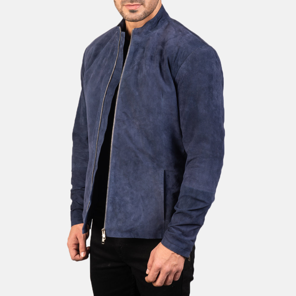 
Navy Blue Goatskin Suede Biker Jacket - عرض خلفي يوضح تفصيل الأكتاف المتقن والحاشية النظيفة