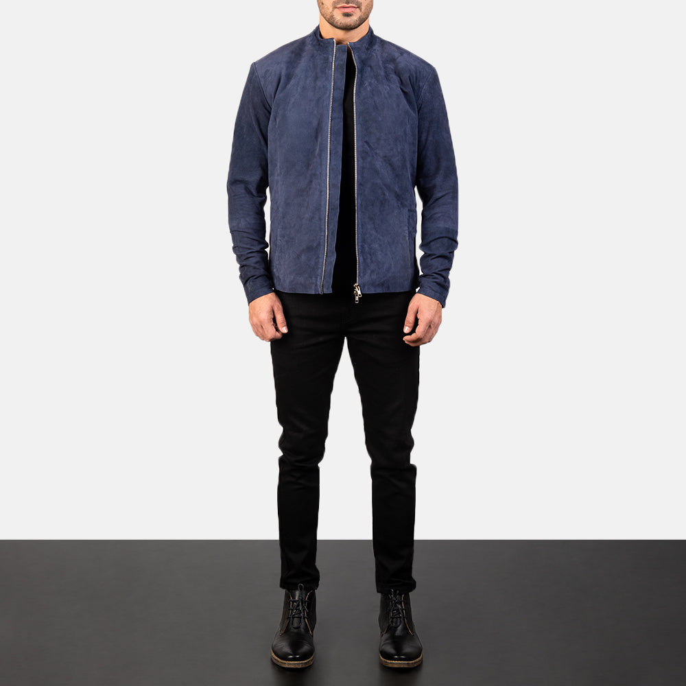 
Charcoal Navy أزرق Suede جاكيت بايكر جلد طبيعي رجالي - عرض جانبي يوضح قَصّة الأكمام المريحة