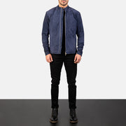 
Charcoal Navy أزرق Suede جاكيت بايكر جلد طبيعي رجالي - عرض جانبي يوضح قَصّة الأكمام المريحة