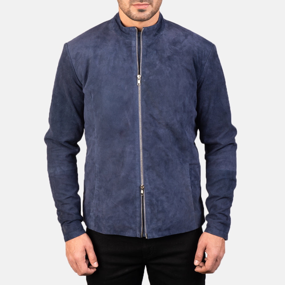 
تفاصيل مقربة of Mandarin & Zipper with Dual Puller Hardware on Charcoal Navy أزرق Suede جاكيت بايكر جلد طبيعي رجالي