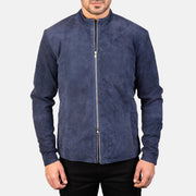
تفاصيل مقربة of Mandarin & Zipper with Dual Puller Hardware on Charcoal Navy أزرق Suede جاكيت بايكر جلد طبيعي رجالي