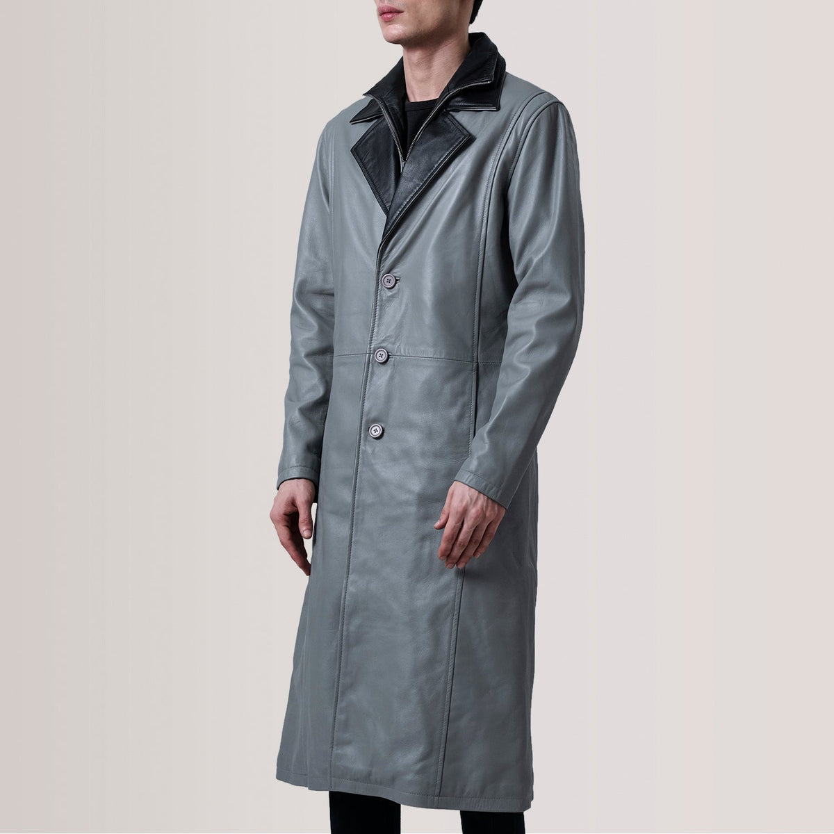 
Charlton Grey Leather Single Breasted معطف جلد فاخر رجالي For Men - عرض جانبي يوضح قَصّة الأكمام المريحة