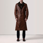
Distressed Brown Sheepskin Burnished Leather Coat - عرض خلفي يوضح تفصيل الأكتاف المتقن والحاشية النظيفة
