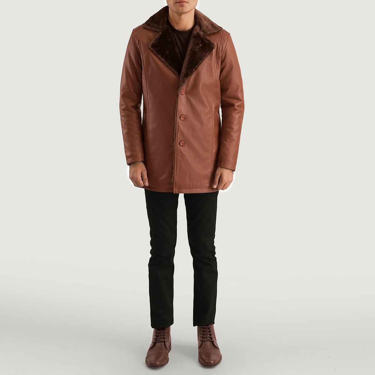 Men's Cinnamon بني Leather Fur معطف جلد رجالي - Lateral Side Profile View Showing Sleeve Cut &amp; Athletic Taper Fit