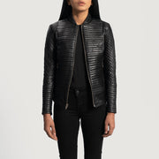 Women's Cityscape أسود جاكيت بايكر جلد نسائي - Lateral Side Profile View Showing Sleeve Cut &amp; Athletic Taper Fit