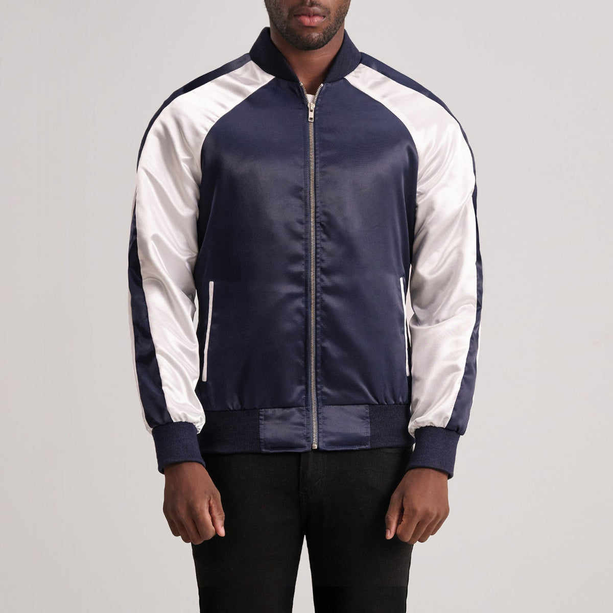 Clarke أزرق Varsity جاكيت جلد رجالي in Blue &amp; White Satin - Front Profile View &amp; Tailored Silhouette | Buy Online