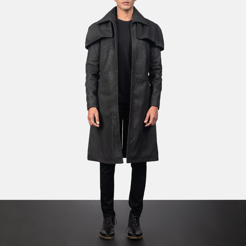 Men's Classic Distressed أسود Leather Duster رجالي in Distressed Black Sheepskin Snuffed - Front Profile View &amp; Tailored Silhouette | Buy Online