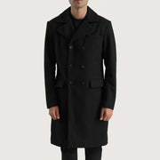 Men's Claud Black Wool Double Breasted Coat in Black Synthetic Wool - Front Profile View &amp; Tailored Silhouette | Buy Online
