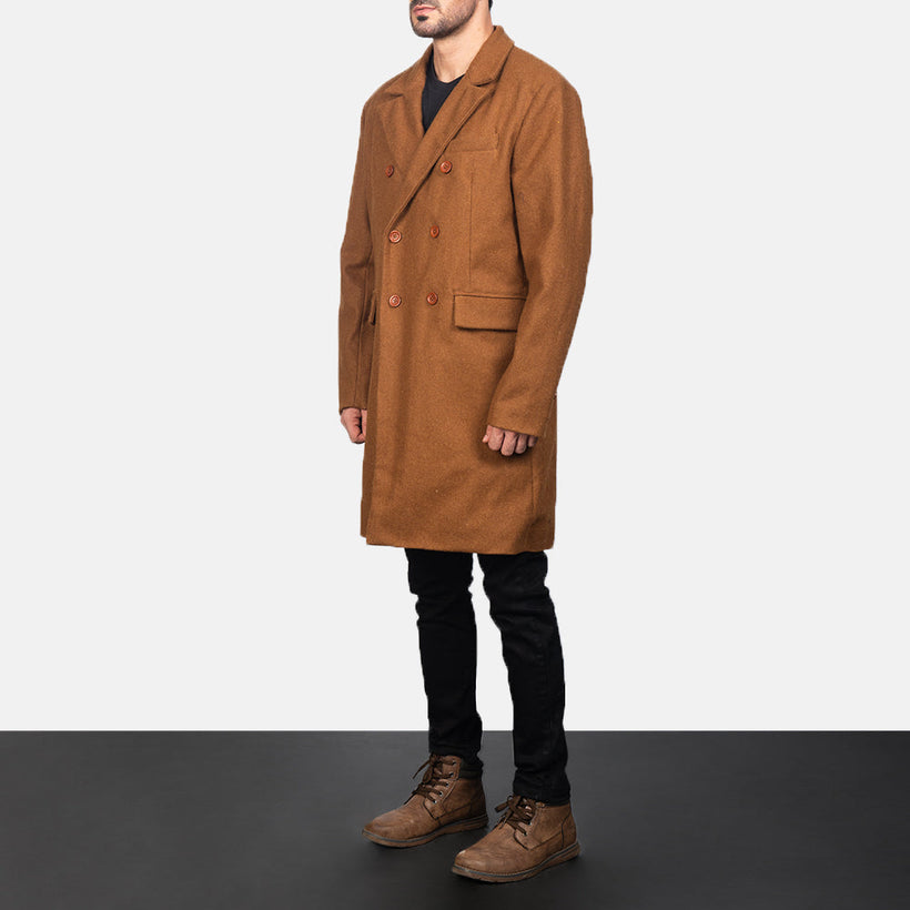 Claud Khaki Wool Double-Breasted معطف جلد رجالي