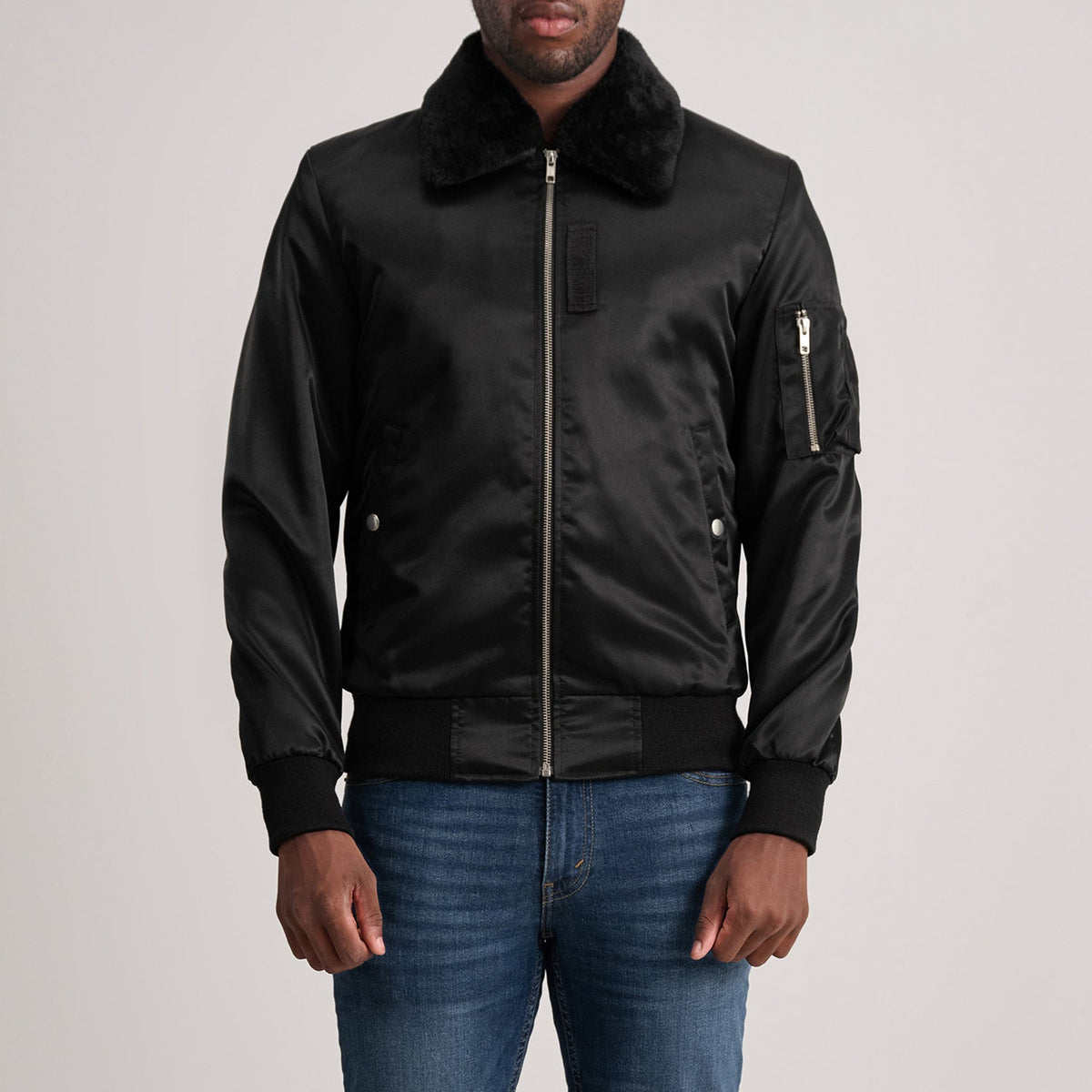 Clyde B-15 Black Bomber Jacket in Black Satin - Front Profile View &amp; Tailored Silhouette | Buy Online