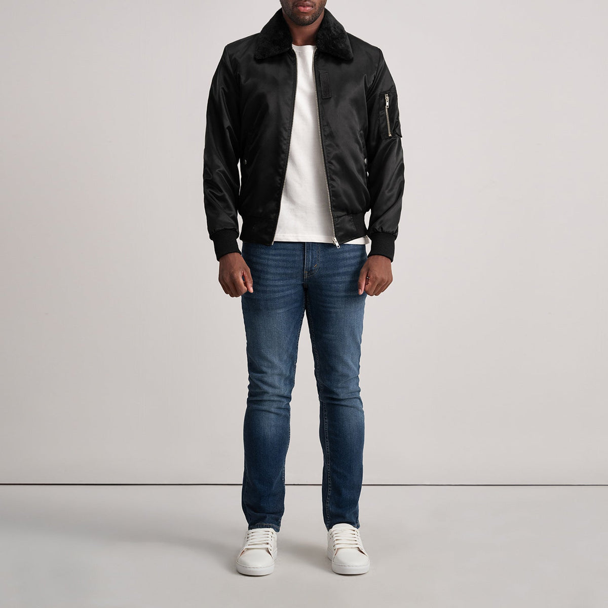 Clyde B-15 Black Bomber Jacket - Lateral Side Profile View Showing Sleeve Cut &amp; Athletic Taper Fit