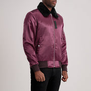 Maroon Satin Bomber Jacket - عرض خلفي يوضح تفصيل الأكتاف وحاشية السترة المتقنة