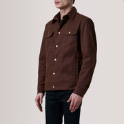 Colberto بني Waxed Canvas Trucker جاكيت جلد رجالي For Men - Lateral Side Profile View Showing Sleeve Cut &amp; Athletic Taper Fit