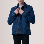 Conard Dark أزرق Denim Trucker جاكيت جلد رجالي For Men in Dark Blue Full-Grain Leather - Front Profile View &amp; Tailored Silhouette | Buy Online