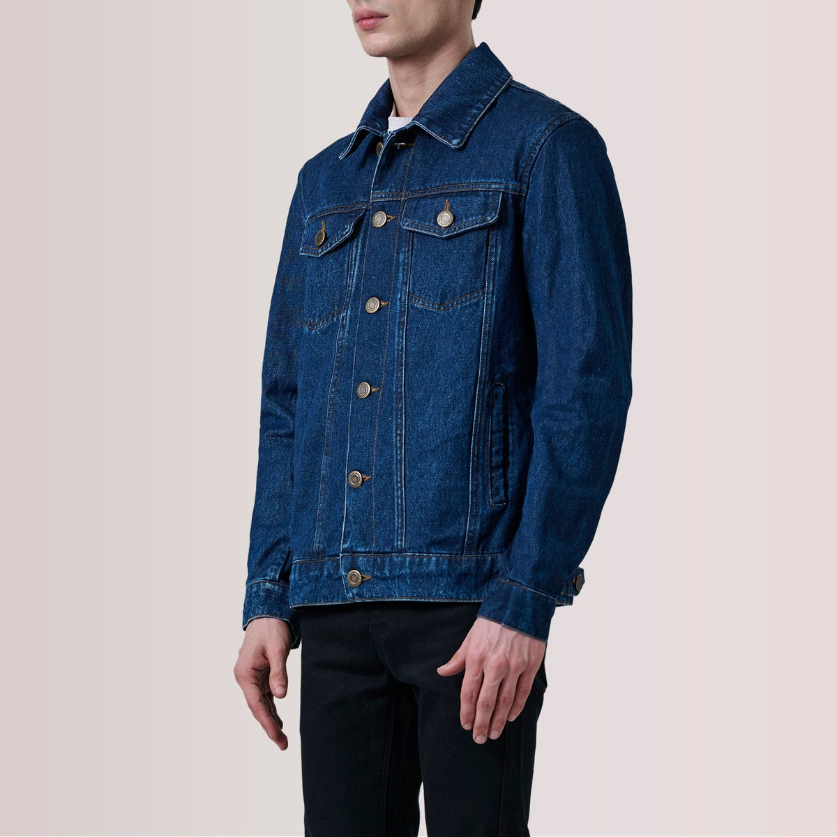 Conard Dark أزرق Denim Trucker جاكيت جلد رجالي For Men - Lateral Side Profile View Showing Sleeve Cut &amp; Athletic Taper Fit
