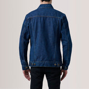 Close-Up Detail of Classic Collar &amp; Heavy-Duty Zipper Hardware on Conard Dark أزرق Denim Trucker جاكيت جلد رجالي For Men