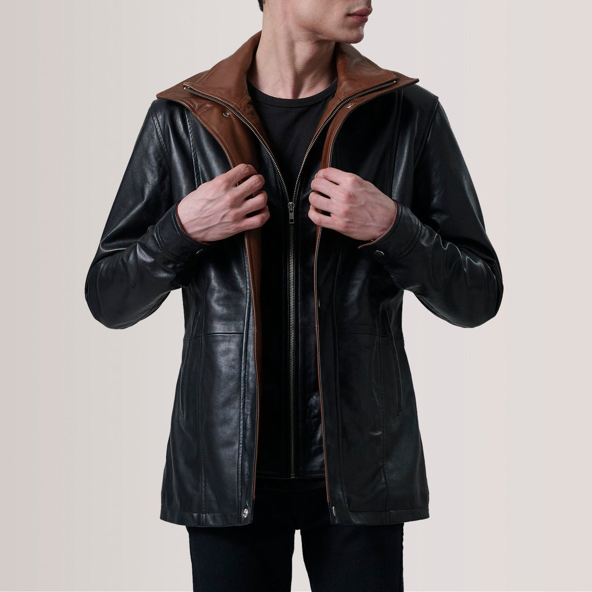 Connor Black Leather Coat For Men in Black Sheepskin Leather - عرض أمامي وقصة مفصلة أنيقة | تسوق أونلاين