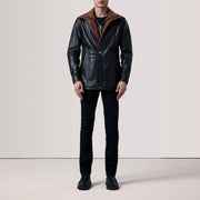 Black Sheepskin leather Coat - عرض خلفي يوضح تفصيل الأكتاف وحاشية السترة المتقنة