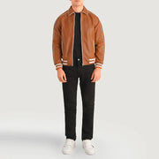 Cooper بيج بني Leather Varsity جاكيت جلد رجالي - Lateral Side Profile View Showing Sleeve Cut &amp; Athletic Taper Fit