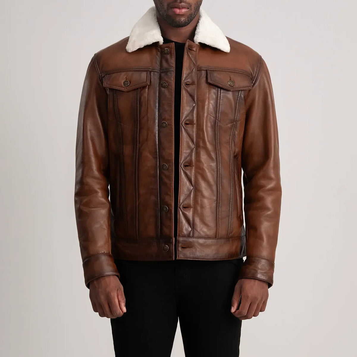 Dallis بني Leather Shearling Trucker جاكيت جلد رجالي in Waxed Brown Sheepskin Leather - عرض أمامي وقصة مفصلة أنيقة | تسوق أونلاين