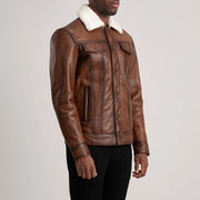 Waxed Brown Sheepskin Leather Aviator Jacket - عرض خلفي يوضح تفصيل الأكتاف وحاشية السترة المتقنة
