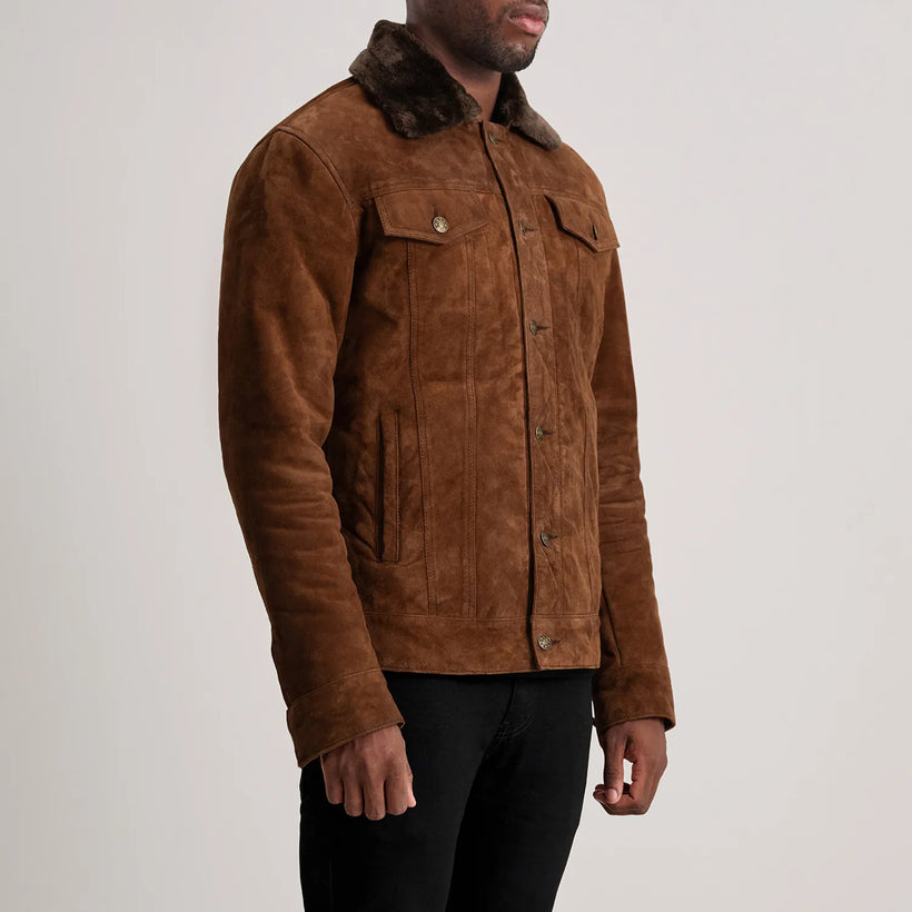 Dallis بني Suede Shearling Trucker جاكيت جلد رجالي