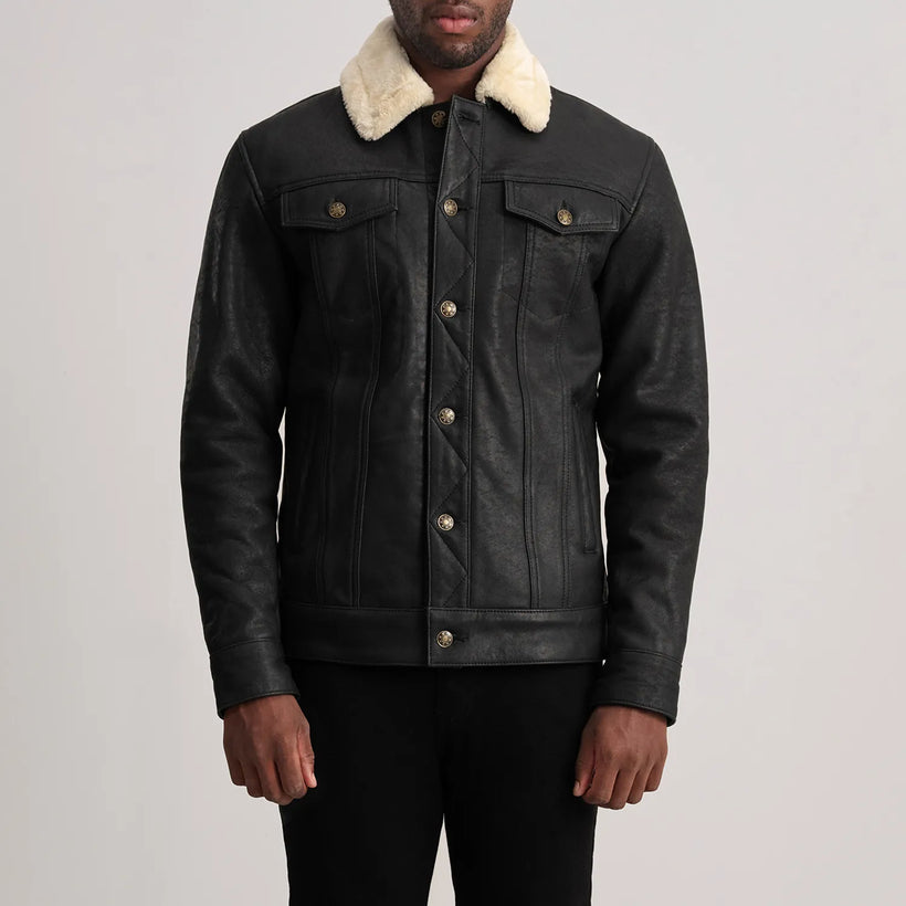 Dallis Distressed أسود Leather Shearling Trucker جاكيت جلد رجالي