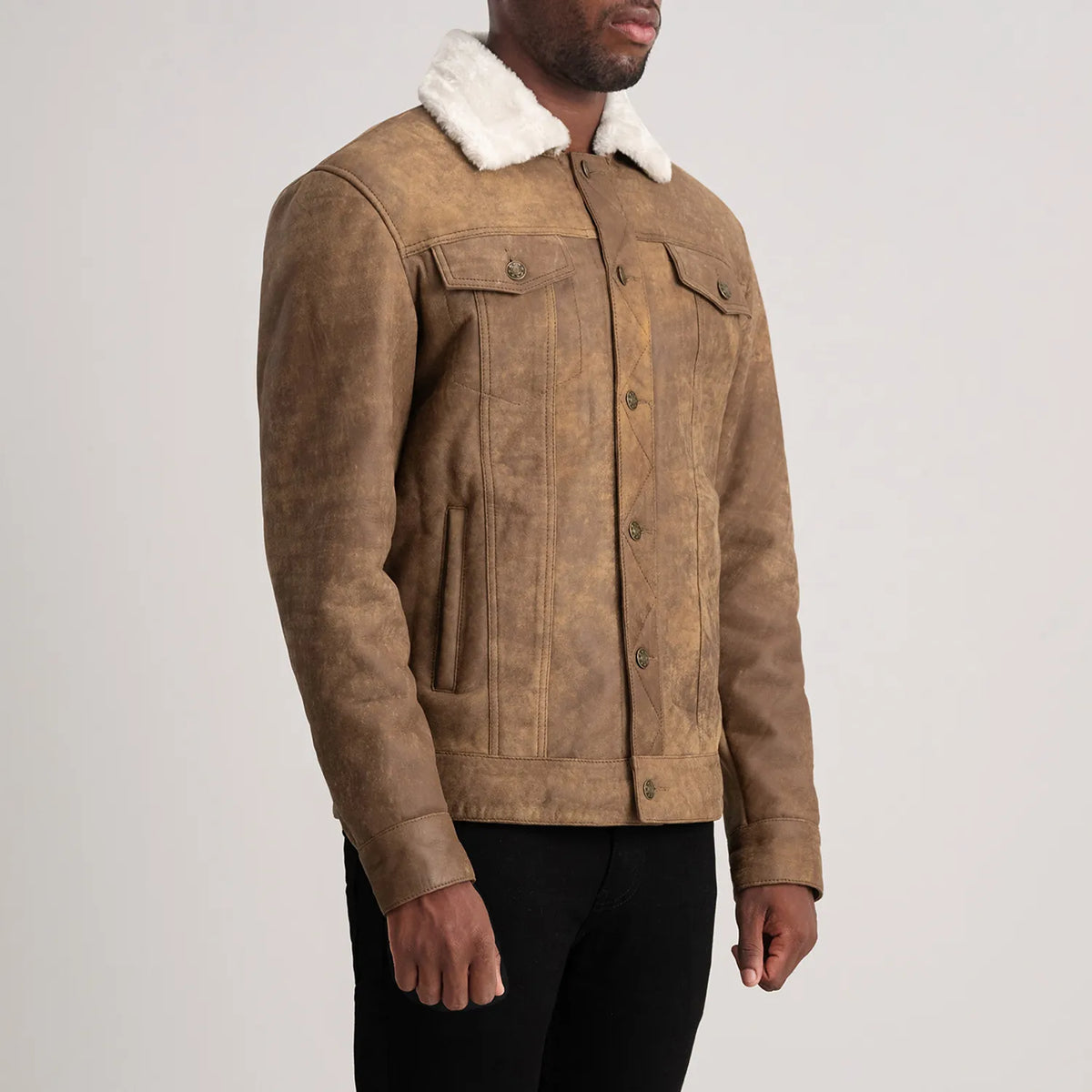 
Distressed Brown Sheepskin Snuffed Aviator Jacket - عرض خلفي يوضح تفصيل الأكتاف المتقن والحاشية النظيفة