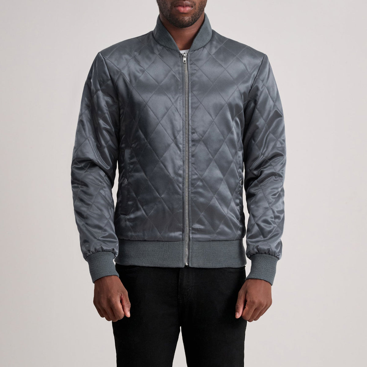 Danson مبطن Grey Varsity جاكيت جلد رجالي in Grey Satin - Front Profile View &amp; Tailored Silhouette | Buy Online