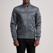 Danson مبطن Grey Varsity جاكيت جلد رجالي in Grey Satin - Front Profile View &amp; Tailored Silhouette | Buy Online